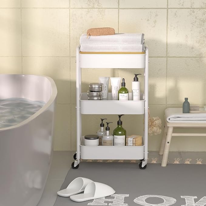3 Tier Metal Utility Cart, Rolling Storage Cart with Wooden Tabletop, Metal Organizer Cart with Lockable Wheels for Office, Bedroom, Kitchen and Living Room (White)