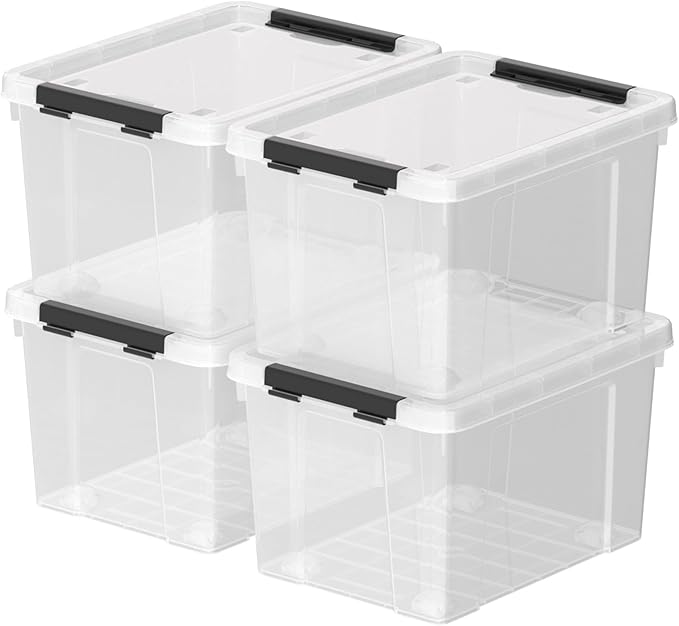 Zopnny 52 Quart Stackable Plastic Storage Bins with Latching Lids, Large Rolling Storage Containers, Pack of 4