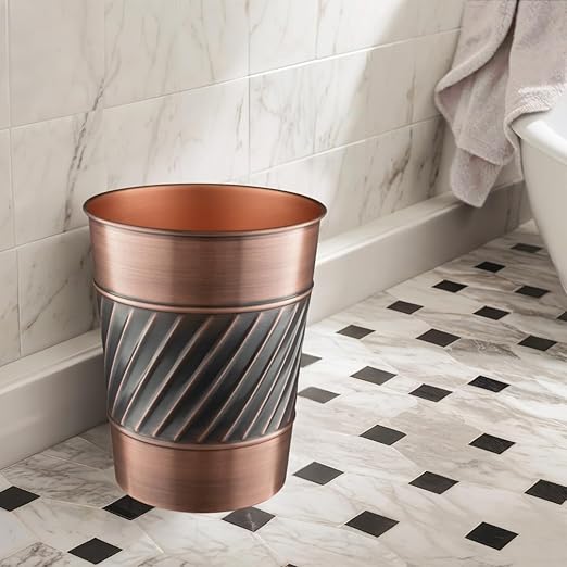 Monarch Abode Metal Wastebasket Trash Can, Handcrafted, Wave Embossed, Bathroom Decor, Antique Copper Finish