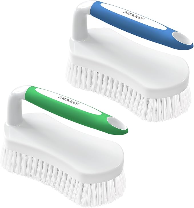 Amazer Scrub Brush for Cleaning Comfort Grip Shower Scrubber Flexible Stiff Bristles with Handle Heavy Duty Cleaner Brush for Tub Sink Carpet Floor - Pack of 2 (Blue+Green)