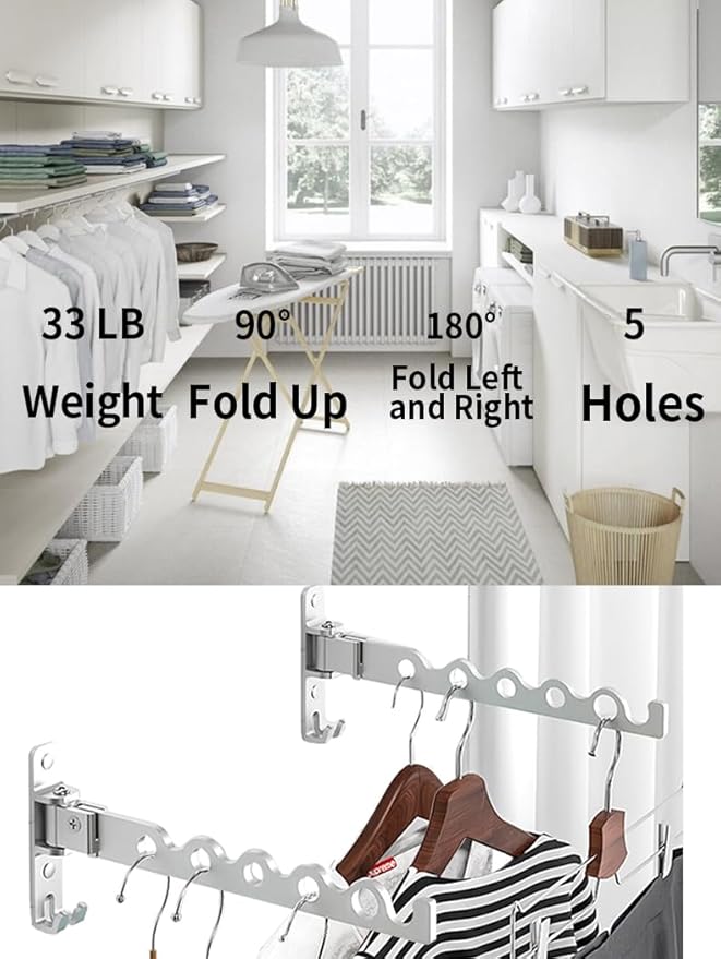 Dr.DJ Wall Hanger for Clothes, Coat Hanger Wall Mounted Silver Retractable Clothes Drying Organizer Rack Garment Hooks Aluminium Folding Indoor Space Save (2 Racks) Silver