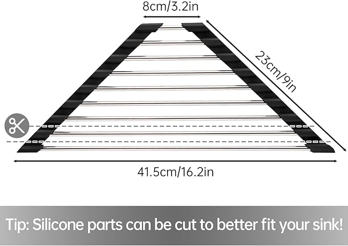 Tomorotec Foldable Stainless Steel Triangle Roll-Up Dish Drying Rack for Small Sink Corners - Over-The-Sink Multipurpose Kitchen Drainer, Rustproof Organizer, Trivet and Shelf - Space-Saving (Black)