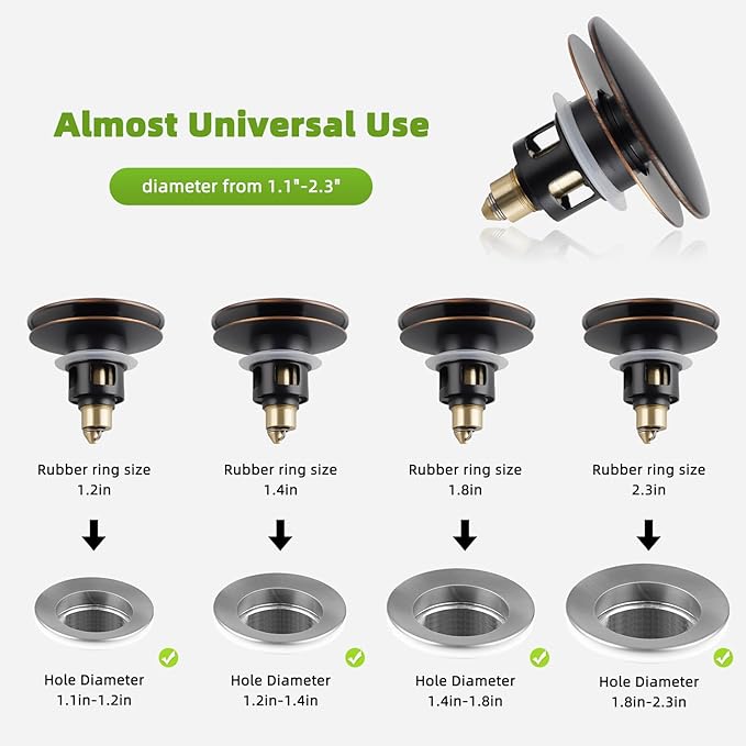 Universal 2PCS Bathroom Sink Stopper 2 in 1 Pop Up Metal Sink Drain Strainer with Hair Catcher, Fit for 1.1~2.36" Sink Basin Hole, Big Cover Cap, Anti-clog, Oil Rubbed Bronze