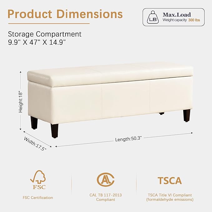 HUIMO Faux Leather Storage Ottoman Bench 50.3 inch Extra Long Upholstered Bedroom Bench with Large Storage Space for The Living Room, Entryway, Bedroom Hold Up to 300lbs (Cream)