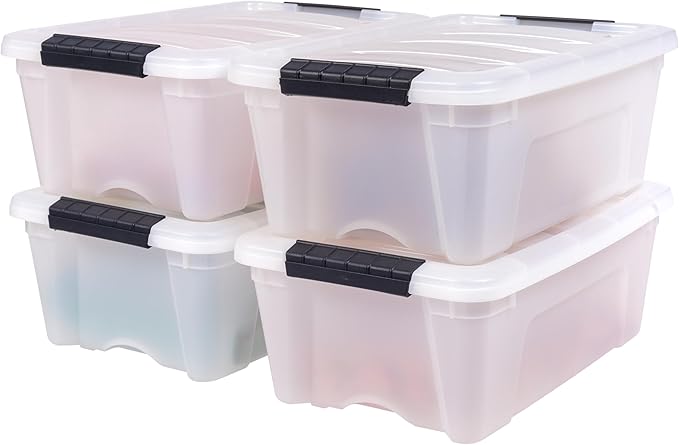 IRIS USA 13 Qt Stackable Plastic Storage Bins with Lids, 4 Pack - BPA-Free, Made in USA - Discreet Organizing Solution, Latches, Durable Nestable Containers, Secure Pull Handle - Pearl