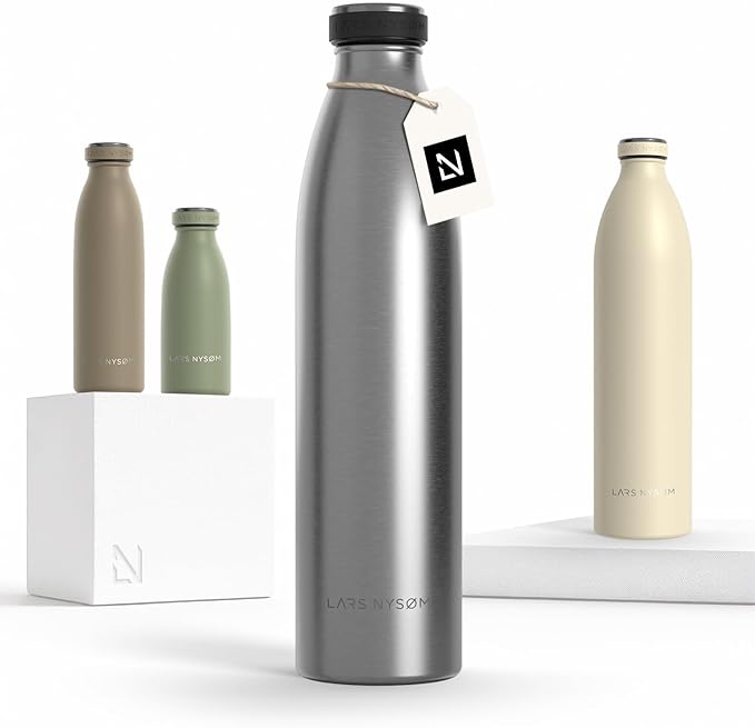 LARS NYSØM Stainless Steel Insulated Water Bottle 12oz 17oz 25oz 34oz 51oz | Insulated Thermo Flask for Hot and Cold Beverages | Leakproof Drinking Bottle (Stainless Steel, 33.9oz)