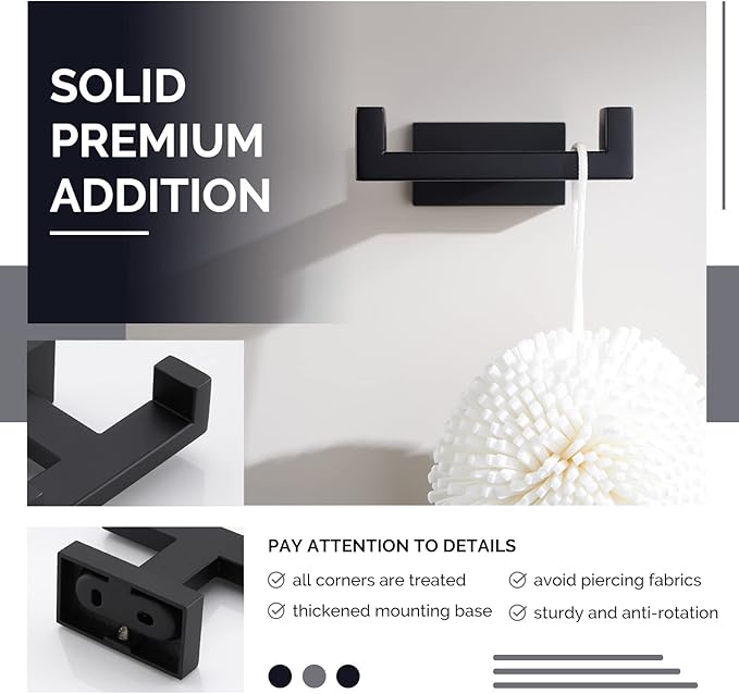 Angle Simple Double Towel Hook Matte Black, Stainless Steel Bathroom Towel Holder, Coat Robe Hook Wall Mount
