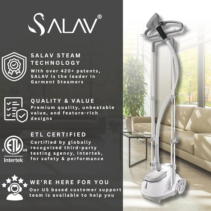 SALAV GS45-DJ Professional Upright Garment Steamer with Roll Wheels, Multi-Function Extra Wide Hanger, Fabric Brush & Mini Ironing Paddle, 1500 watts, Silver