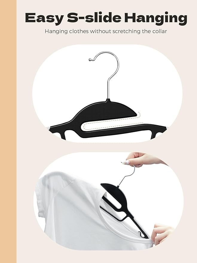 HOUSE DAY Black Plastic Hangers 50 Pack, Slim Space Saving, Non Slip Hangers with Rubber Pads, Sturdy Coat Hanger for Closet, S-Shaped Clothes Hanger for Shirt, Suit, Pant, Skirt