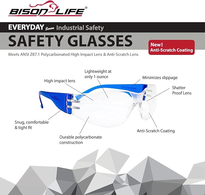 BISON LIFE Safety Glasses - Scratch Resistant Wrap Around Eyewear, Polycarbonate ANSI Z87.1 Impact Resistant Lens