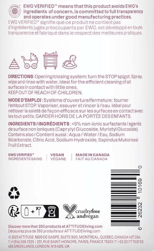 ATTITUDE Toy and Surface Cleaner, EWG Verified Multi-Surface Products, Vegan, Naturally Derived Multipurpose Cleaning Spray, Unscented, 27.1 Fl Oz