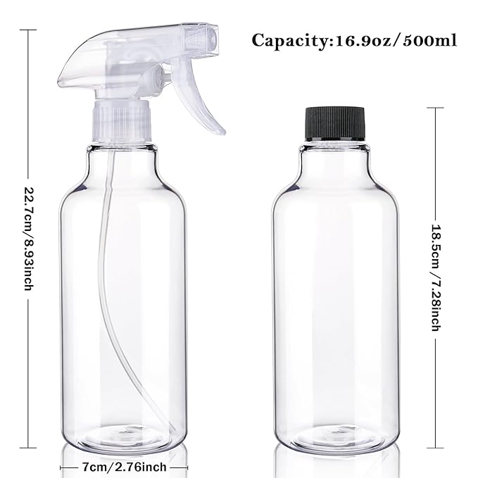 Plastic Spray Bottles Empty Spray Bottle 16.9oz/500ml 2 Pack Heavy Duty Spraying Bottles Mist/Stream Water Bottle for Cleaning Solutions, Essential Oils, Hair (Clear)
