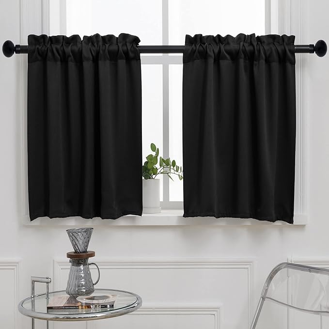 Pickluc Black Cafe Curtain (Half Window Curtain) 36 Inches Length, Rod Pocket Small Kitchen Curtain, Short Blackout Curtain for Small Window, 30" Wide and 36" Long, 2 Panels