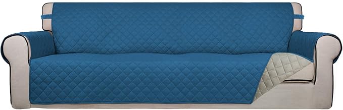 PureFit Reversible Quilted Sofa Cover, Water Resistant Slipcover Furniture Protector, Washable Couch Cover with Non Slip and Elastic Straps for Kids, Dogs, Pets (XX Large, Peacock Blue/Beige)