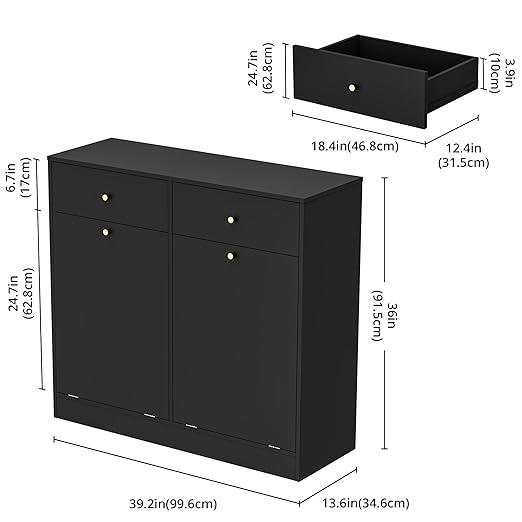 Double Tilt Out Trash Can Cabinet, Trash Storage Cabinet with 2 Drawers, Hidden Garbage Bin, Free Standing Laundry Sorter Organizer for Kitchen Dining Living Room, Bathroom, Black