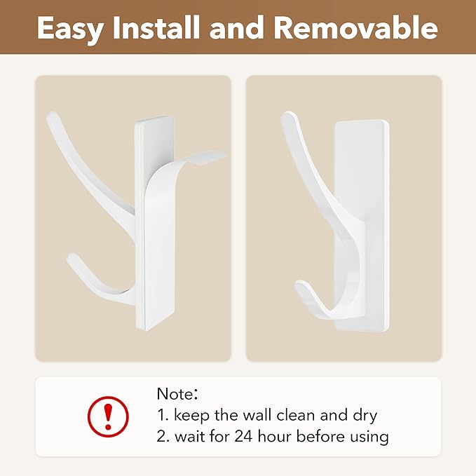 Self Adhesive Coat Hooks for Hanging, Heavy Duty Stainless Double Wall Hook for Towel, Backpack, Hat, Sturdy Metal Hanger for Bathroom, Bedroom, Door, Wall Mounted, 6 Pack, White