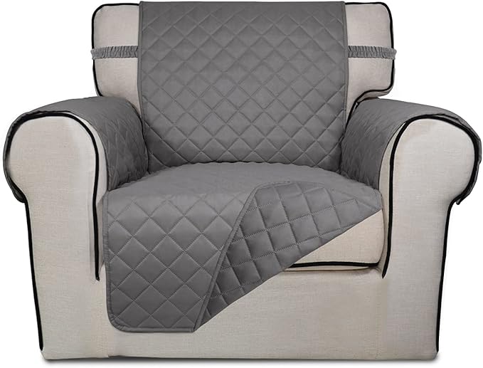PureFit Reversible Quilted Sofa Cover, Water Resistant Slipcover Furniture Protector, Washable Couch Cover with Non Slip and Elastic Straps for Kids, Dogs, Pets (Chair, Gray/Gray)