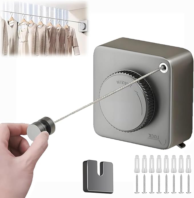 Retractable Clothesline, Wall Mounted, Stainless Steel, 17 Ft Indoor Outdoor (Light Gray)