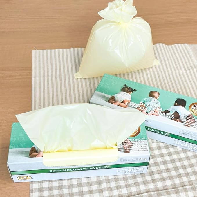 BOS, Odor-Sealing Dirty Diaper Trash Bags - Disposable Bags - Scent & Smell Free, 200Bags, (Color: Cream Yellow) (Pack of 1)