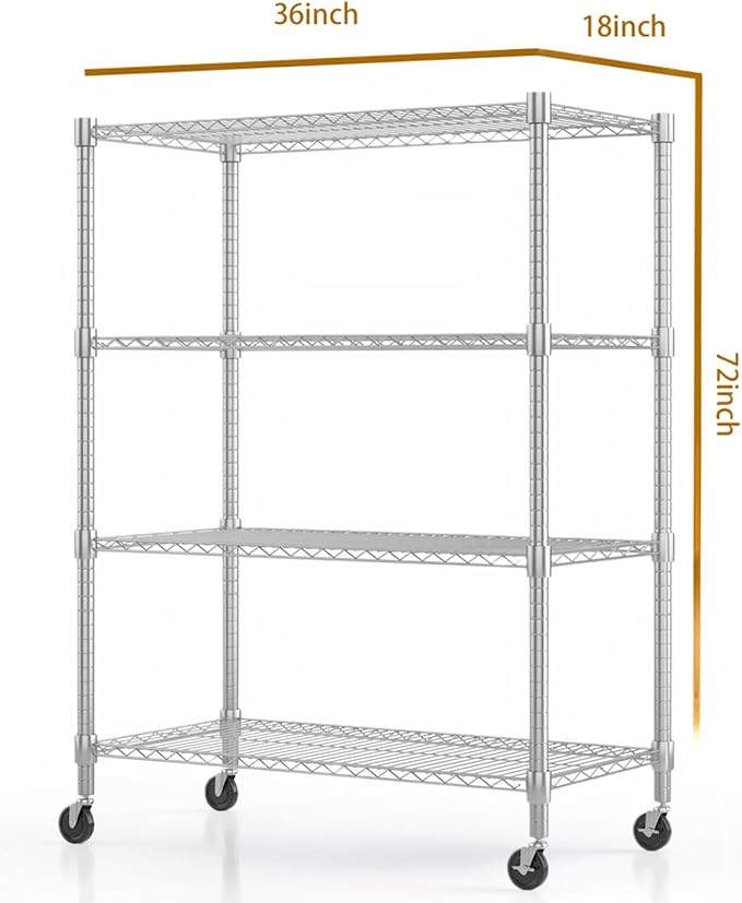 Himimi 4-Tier Heavy Duty Steel Wire Rack Storage Shelving, Adjustable Metal Storage Shelves with Wheels, 72''H Wire Shelf for Kitchen Garage Basement Pantry Organization, 18" D×36" W×72" H-Silver