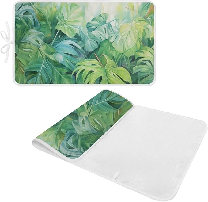 Green Ironing Mat Portable Ironing Pad Monstera Leaf 32 x 16 Inch Large Ironing Mat for Table Top of Washer, Dryer, Table Top, Countertop, Heat Resistant Iron Board Pads