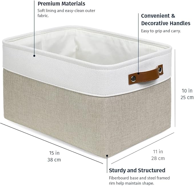 OrganiHaus Large Fabric Storage Baskets for Shelves 3 Pack, 15x11in Closet Storage Bins for Shelves, Cloth Baskets for Organizing, Linen Closet Organizers, Fabric Basket, Beige/White