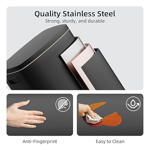 KUK 13 Gallon Kitchen Trash Can with Lid, 50L/13Gal Office Step Garbage Can for Home, Kitchen, Laundry Room, Office, Brushed Stainless Steel, Black