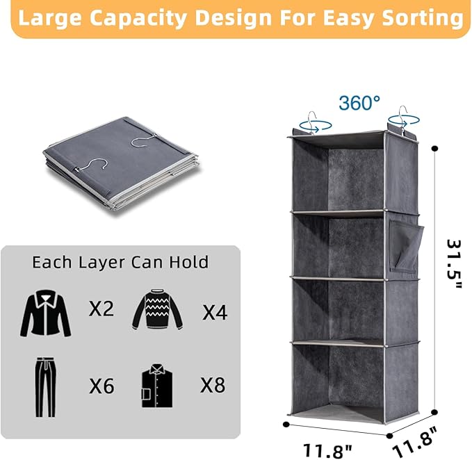 2 Packs Hanging Closet Organizer, 4-Shelf Closet Organizers and Storage with Side Pockets, Collapsible Hanging Shelves for Closet & RV & College Dorm,Grey