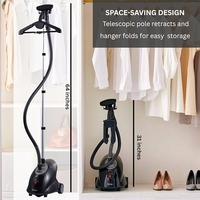 SALAV GS18-DJ Standing Garment Steamer with Roll Wheels for Easy Movement, 1.8L Water Tank for 1 Hour Continuous Steaming, Adjustable Pole for Storage, Includes Descaler Packet, 1500 watts