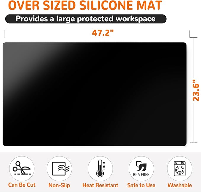 Warome Heat Resistant Mat, 47"x 23" Silicone Mat, Extra Large Silicone Mats for Kitchen Countert, Nonslip Kitchen Countertop Protector for Baking/Crafts, No Creases-Black