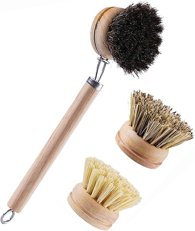 Bamboo Dish Brush with Handle, 1 Sturdy Wooden Handle with 3 Natural Bristle Heads, Horsehair, Sisal, Palm - All Purpose Kitchen Scrubber, Bamboo Wok Brush, Fruit and Veggie Scrubber