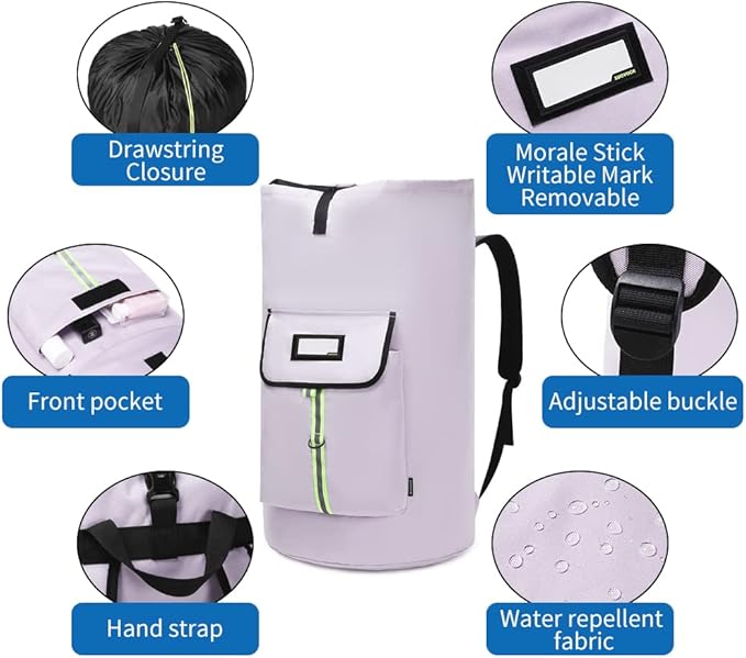 laundry bag backpack,extra-large heavy duty laundry bags,laundry backpack for college students,drawstring closure (Light purple laundry bag backpack)