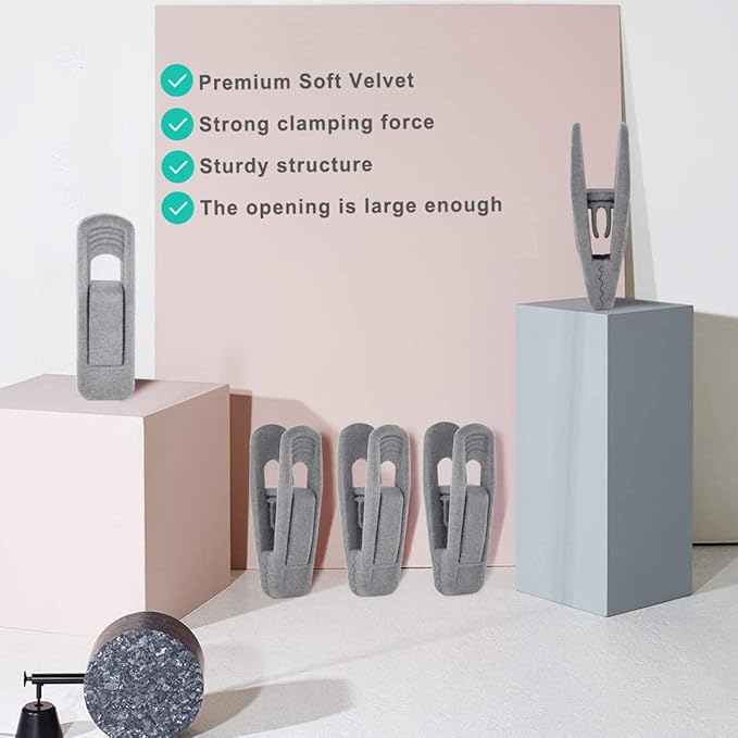 Grey Hanger Clips for Velvet Hangers - 40 PCS Gray Nonslip Velvet Hanger Clips, Skirt Hanger Flocking Clips Fit for Slim Velvet Hangers