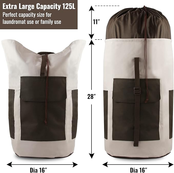 Laundry Bag Backpack, 125L Extra Large Travel Laundry Bags with Shoulder Straps, Adjustable & Extendable Design, Laundry Hamper Bag with 3 Pockets for Laundromat, College, Travel, Camping