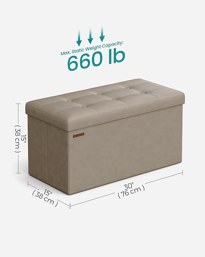 SONGMICS Mazie Collection - 30 Inches Folding Storage Ottoman Bench, Ottoman with Storage, Foot Rest Stool, Load 660 lb, for Living Room, Synthetic Leather, Camel Brown ULSF040R01