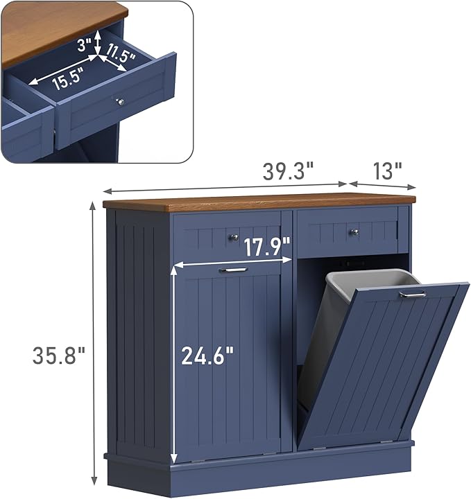 Betterhood Tilt Out Trash Cabinet 10 Gallon Wooden Free Standing Laundry Sorter Cabine,Recycling Cabine with Hideaway Drawer,Tilt Out Trash Cabinet Can Bin Kitchen