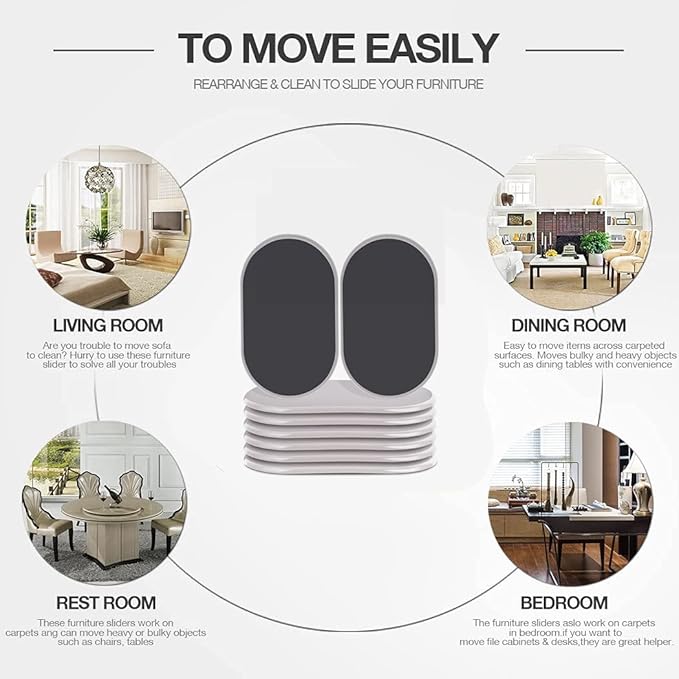 Reusable Large Furniture Movers Sliders for Carpet and Hardwood Floors-8 Pack 9-1/2" Oval Moving Pads Protector for Heavy Duty Sofa Bed Table Desk,Quickly and Easily Move Any Item, Beige