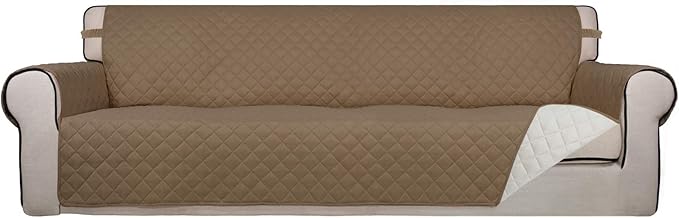 PureFit Reversible Quilted Sofa Cover, Water Resistant Slipcover Furniture Protector, Washable Couch Cover with Non Slip and Elastic Straps for Kids, Dogs, Pets (XX Large, Camel/Ivory)