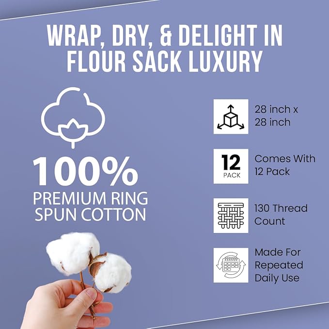 Flour Sack Towels | Tea Towel for Crafts| Kitchen Dish Cotton Blank Towel for Embroidery|Baking Bread Proofing Linen Cover| Thick Absorbent Quick Dry| 12 Pack 28"x28" White