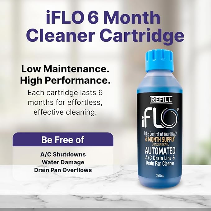 iFLO® Smart A/C Drain Line Cleaner and Drain Pan Cleaner Cartridge Concentrate, Fast-Acting, Long-Lasting HVAC System Solution for Tough Clogs & Buildup, 6-Month Supply per Bottle, 2 Pack of 36oz