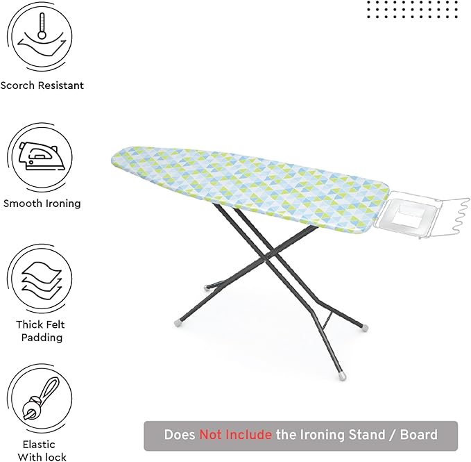 Encasa XO Ironing Board Cover and Pad - Thick 4mm Felt, Heat & Scorch-Resistant, Fits Medium Boards 42"x14", Elastic Bungee Cord Tightening, Easy Fit, Stain-Safe Dye, Triangles Aqua
