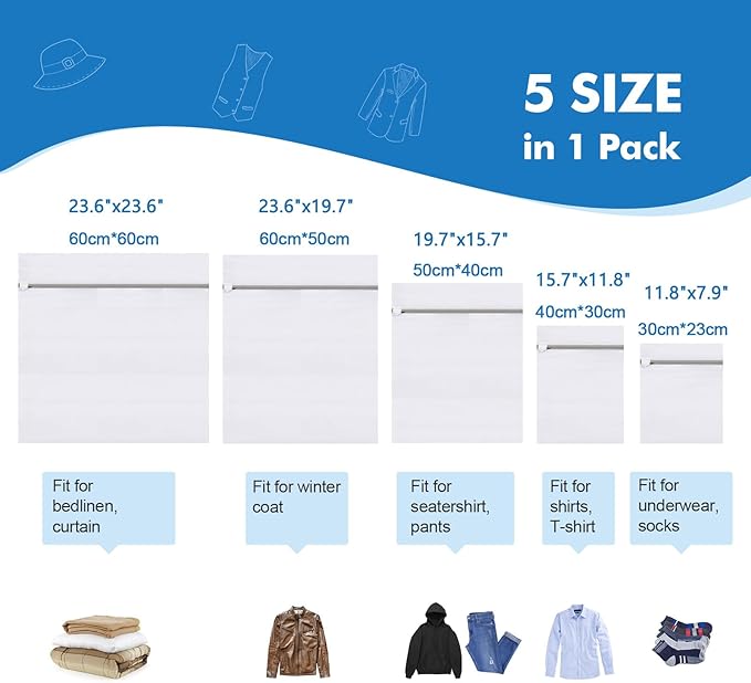 5Pcs Laundry Bags Mesh Wash Bags, Delicate Laundry Bags for Clothes, Hosiery, Underwear, Bed linen - 5 Size