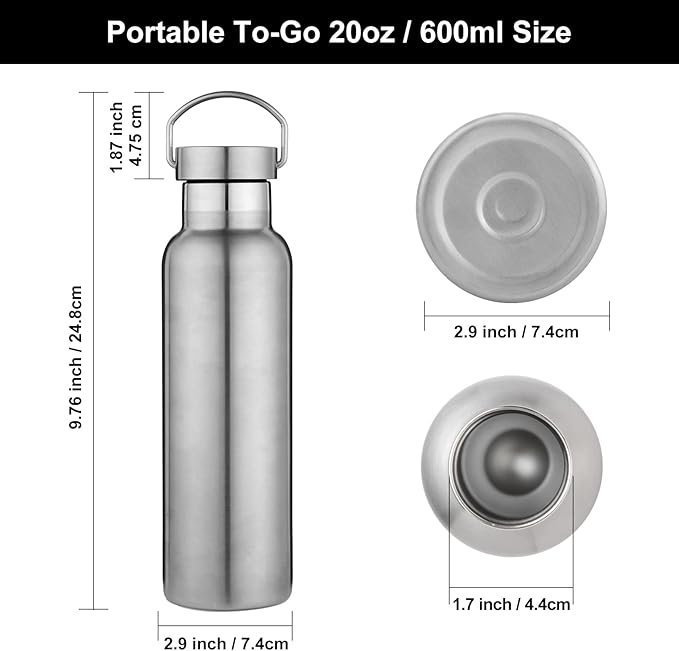 Neihepal 20 oz Insulated Water Bottles Bulk 2 Pack,Stainless Steel Double Wall Sport Bottle with Lid of Handle,Metal Reusable Thermoses Flask with Cup Cap for School,Cyclists,Gift (Silver,Set of 2)