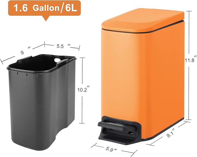 Cesun Small Bathroom Trash Can with Lid Soft Close, Step Pedal, 6 Liter / 1.6 Gallon Stainless Steel Garbage Can with Removable Inner Bucket, Anti-Fingerprint Finish (Matt Orange)