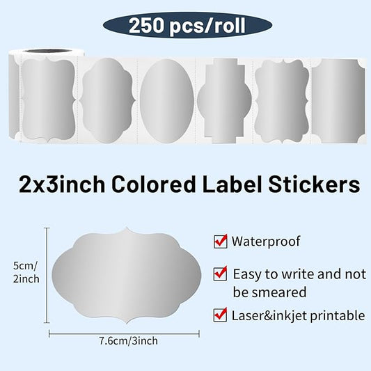 Silver Labels Stickers, 250 PCS 3" x 2" Fancy Shape Stickers Labels for Storage Box or Food Jars Holiday Present Stickers Christmas Gift Tags Stickers