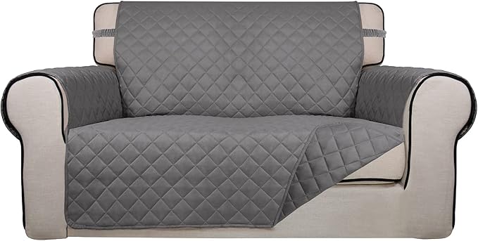 PureFit Reversible Quilted Sofa Cover, Water Resistant Medium Slipcover Furniture Protector, Washable Couch Cover with Non Slip Foam and Elastic Straps for Kids, Dogs, Pets (Loveseat, Gray/Gray)