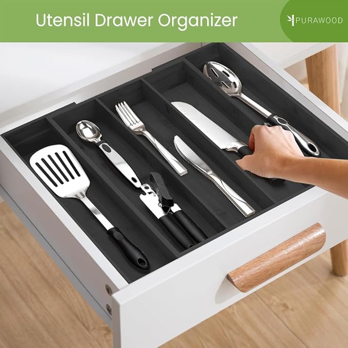 Purawood Kitchen Drawer Organizer - Expandable Utensil Organizer for Kitchen, Cutlery Tray & Silverware Organizer, 3-5 Slots - Bamboo Drawer Organizer for Utensils & Flatware (Black)
