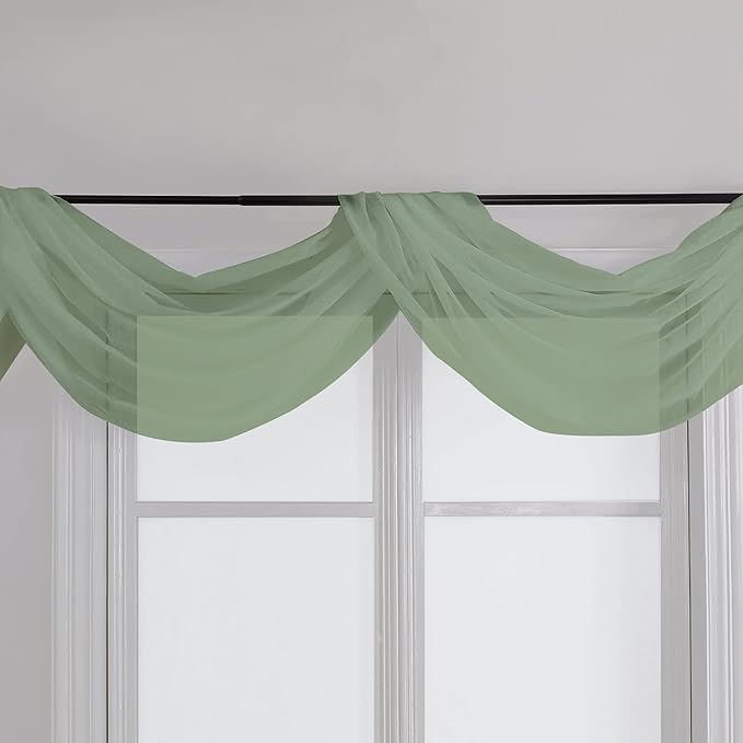 Chyhomenyc Sheer Window Curtains 144 inch Extra Long 2PCS, Airy Scarf Drapes Rod Pocket Window Treatments for Christmas/Wedding/Living Room/Anniversary, 12FT L, 42Wx144L, Sage Green