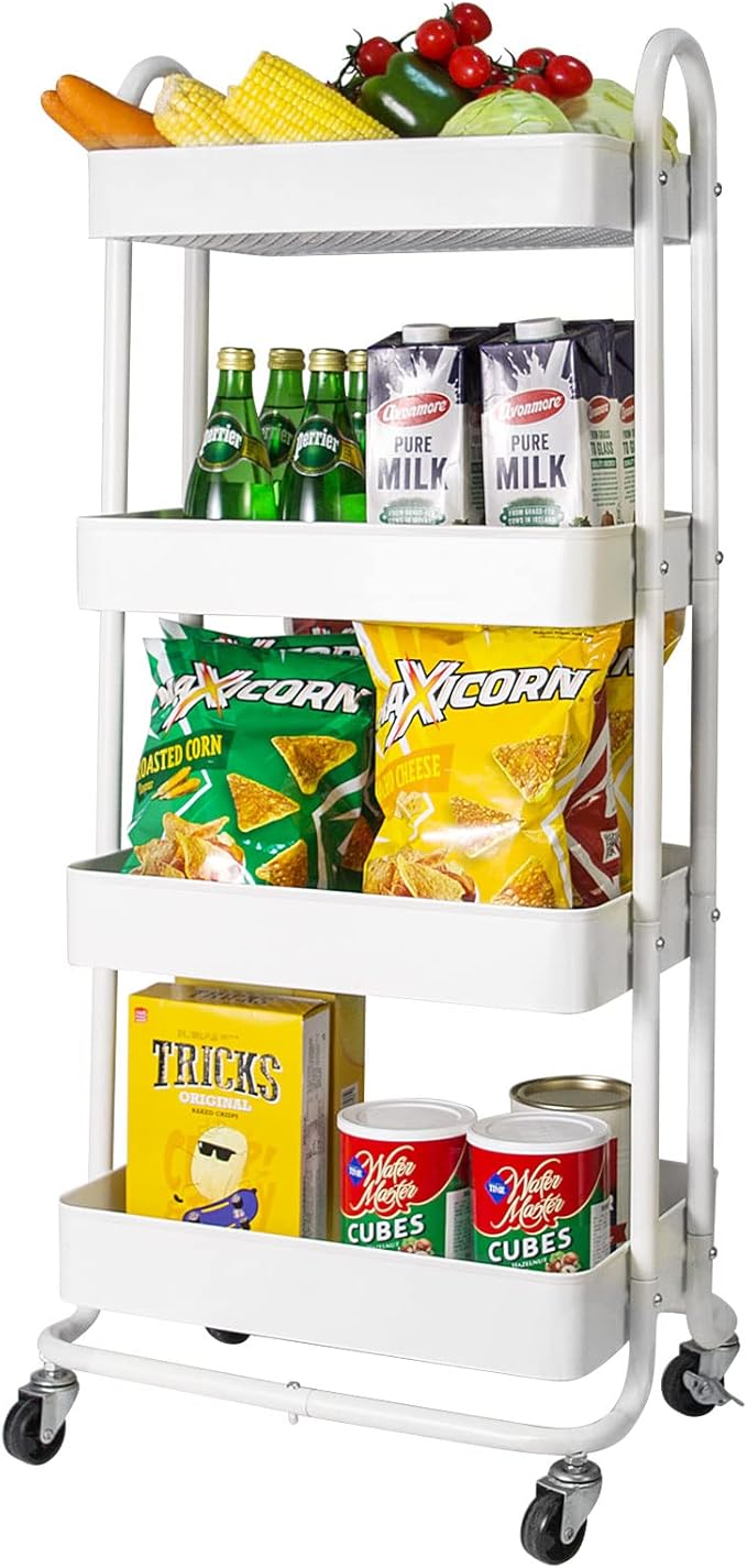 elabo 4-Tier Metal Mesh Utility Rolling Cart, Storage Organizer Trolley Services Cart with Lockable Wheels for Kitchen, Bathroom, Living Room (White)