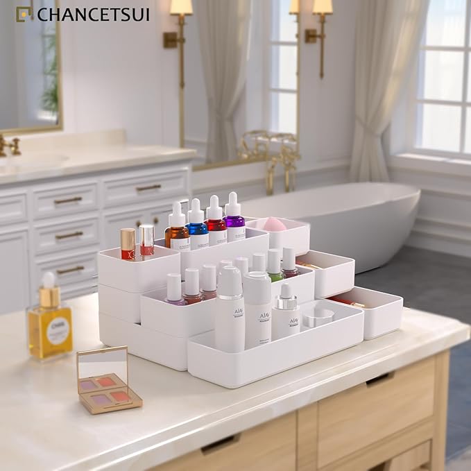 9 Pcs Stackable Drawer Organizer Trays Set, Multifunctional Stackable Storage Trays for Vanity, Bathroom, Kitchen, Desk Drawer Organizer Office. Plastic Drawer Organizers Available In 5 Colours, White